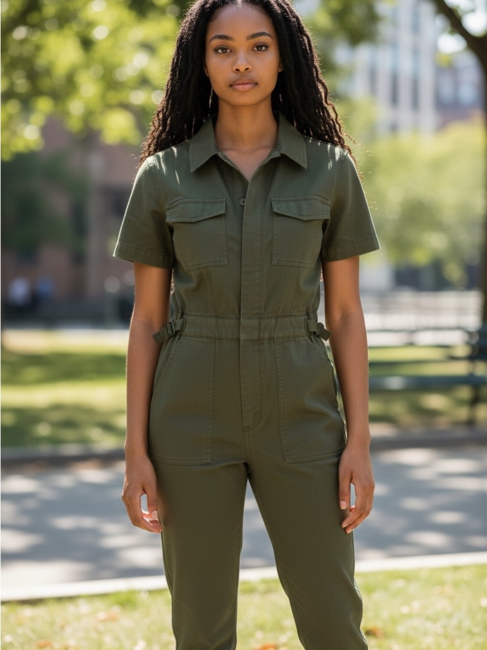 Good American Olive Utility Short-Sleeve Jumpsuit